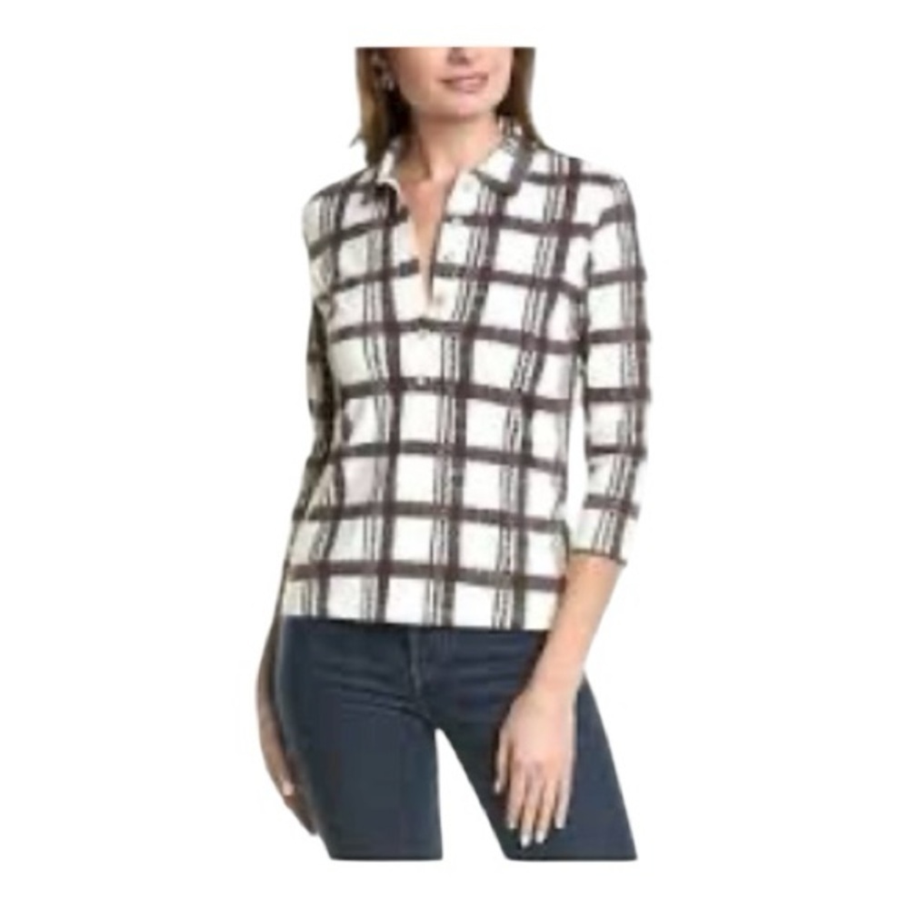 J McLaughlin Elegant Checkered 3/4 Length Sleeve Blouse in Brown and Ivory
